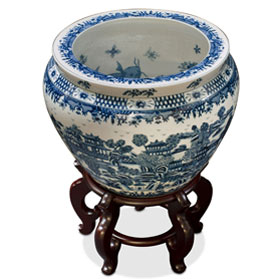 15 Inch Blue and White Porcelain Canton Scenery Oriental Fishbowl Planter