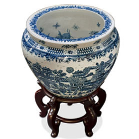 15 Inch Blue and White Porcelain Canton Scenery Oriental Fishbowl Planter