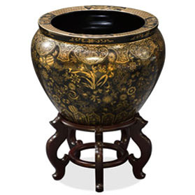 15 Inch Black and Gold Leaves and Vines Chinese Fishbowl Planter