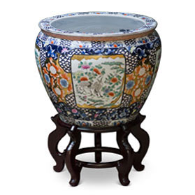 16 Inch Crane and Chrysanthemum Motif Chinese Fishbowl Planter