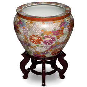 15 Inch Hand Painted Hanazume Japanese Thousand Flower Porcelain Fishbowl Planter