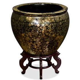 22.5 Inch Black and Gold Floral Design Chinese Fishbowl Planter