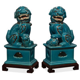 Blue Peking Temple Foo Dog Oriental Figurine Set