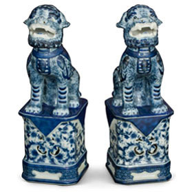 Blue and White Canton Porcelain Chinese Foo Dogs Set