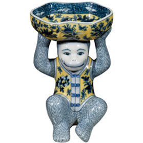 Blue and Yellow Chinese Porcelain Monkey Holding Lotus Dish