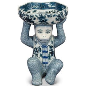 Blue and White Chinese Porcelain Monkey Holding Lotus Dish