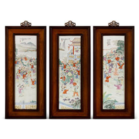 Vintage Hand Painted Chinese One Hundred Children Porcelain Wall Plaque Art (Set of 3)