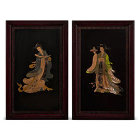 Vintage Traditional Hand Made Chinese Wall Plaque Art (Set of 2)